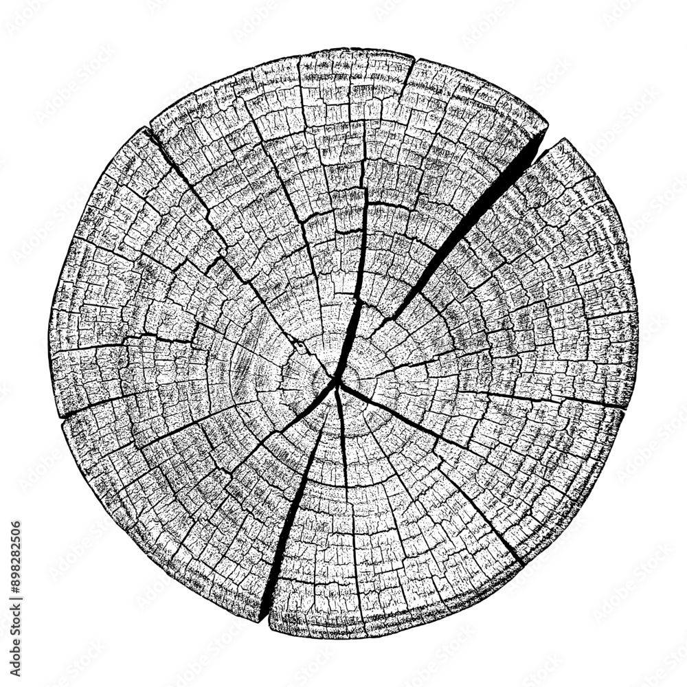 Сross section of wood texture. Tree rings. Cut slice of wooden print isolated on white. Textured surface with rings and cracks. Background made of hardwood from the forest. Vector EPS 10.