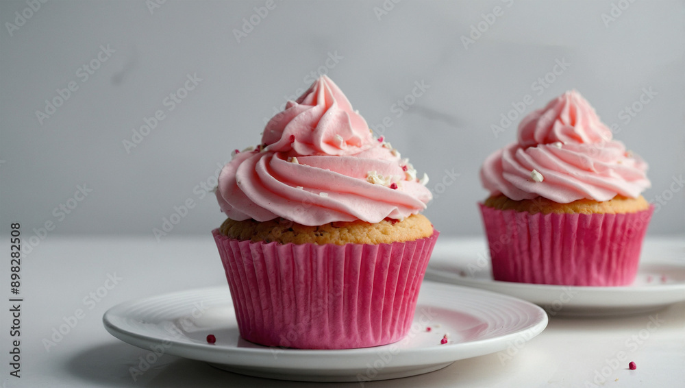 three pink cupcake with on white background on white plate three pink cupcake with on white background on white plate