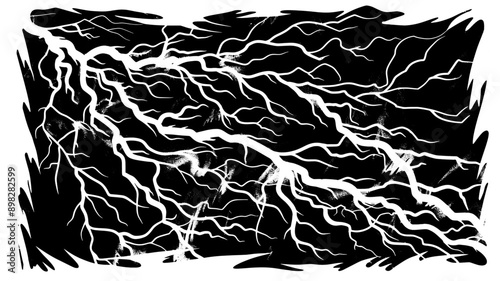 Lightening vintage linocut background, black vector on transparent background