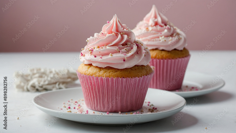 three pink cupcake with on white background on white plate