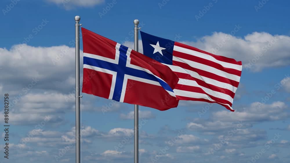 Liberia and Norway flags flying together, video concept of the relationship, two country cooperation concept Liberia and Norway flags flying together, video concept of the relationship, two country cooperation concept