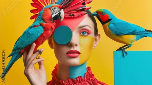 Colorful fashion portrait of a woman with exotic birds photo