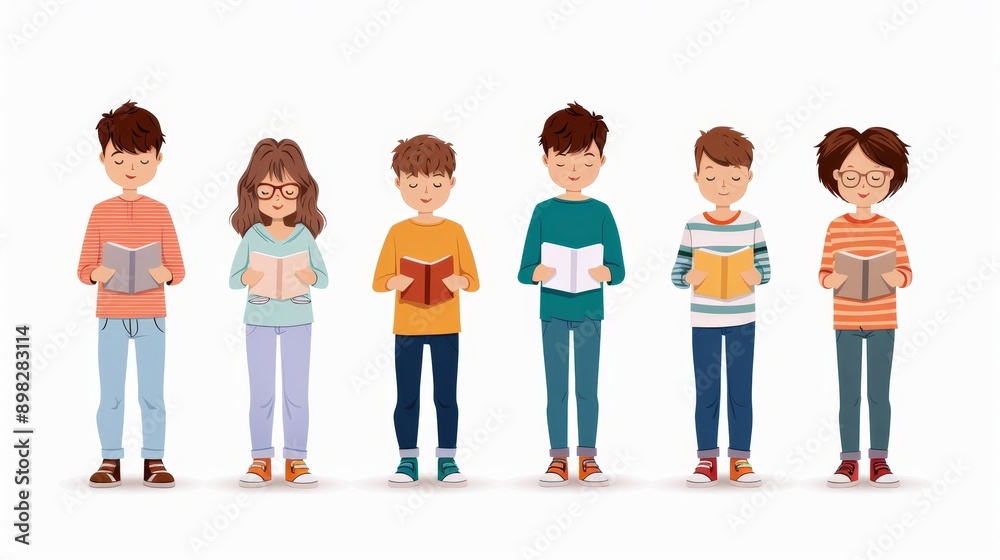 Obraz premium Four young girls are sitting in a row, each holding a tablet or e-reader