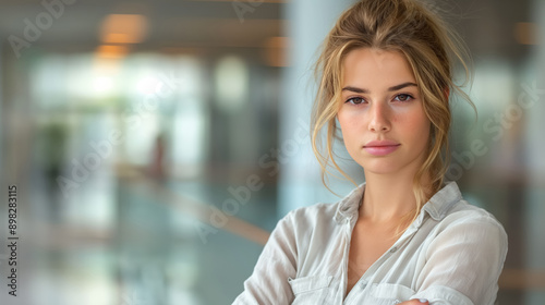 Young woman with a relaxed expression, standing in a modern indoor setting, exuding confidence and simplicity.