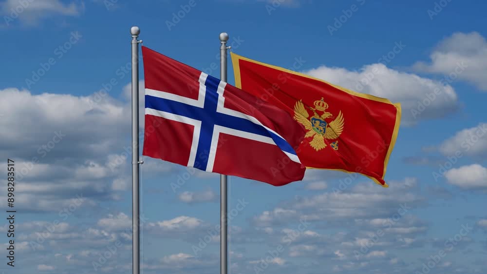 Montenegro and Norway flags flying together, video concept of the relationship, two country cooperation concept Montenegro and Norway flags flying together, video concept of the relationship, two country cooperation concept