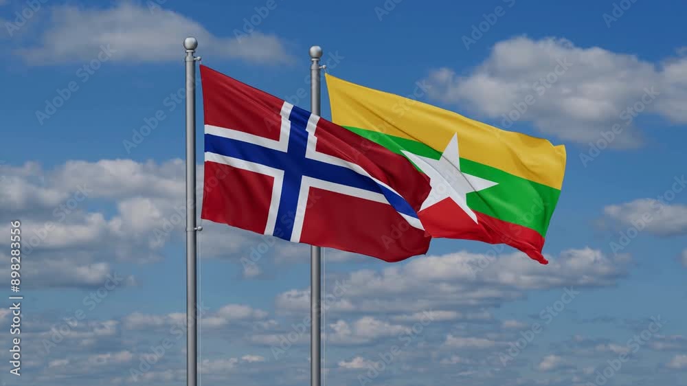 Myanmar aka Burma and Norway flags flying together, video concept of the relationship, two country relations concept Myanmar aka Burma and Norway flags flying together, video concept of the relationship, two country relations concept