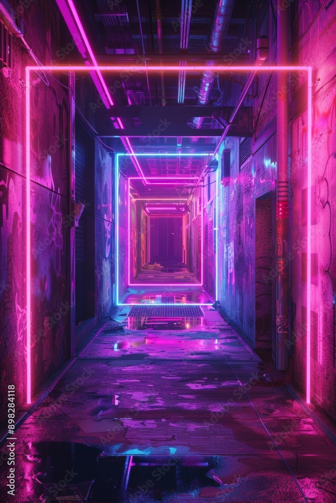Cyberpunk Neon Frame. A frame of neon lights, wires, and digital patterns, with a gritty urban feel. The center is a blank, dark alleyway Cyberpunk Neon Frame. A frame of neon lights, wires, and digital patterns, with a gritty urban feel. The center is a blank, dark alleyway