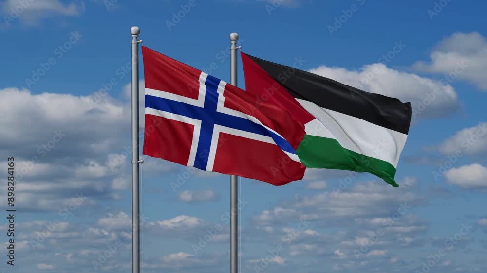 Palestine and Gaza Strip and Norway two flags waving together on blue sky, video concept of the relationship Palestine and Gaza Strip and Norway two flags waving together on blue sky, video concept of the relationship