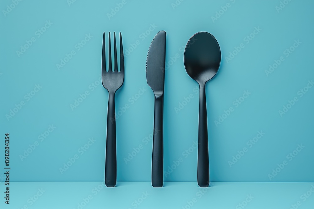 Black Fork, Knife, and Spoon on a Blue Background