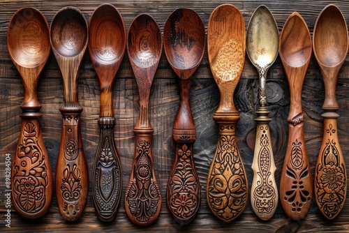 Hand-Carved Wooden Spoons with Intricate Floral and Geometric Designs photo