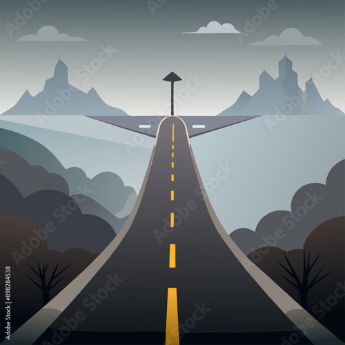 An asphalt road enveloped in fog with a barely visible direction arrow, capturing mystery and uncertainty in decision-making