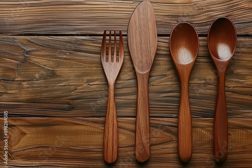 Wooden Fork, Knife, and Spoons on a Brown Wooden Surface