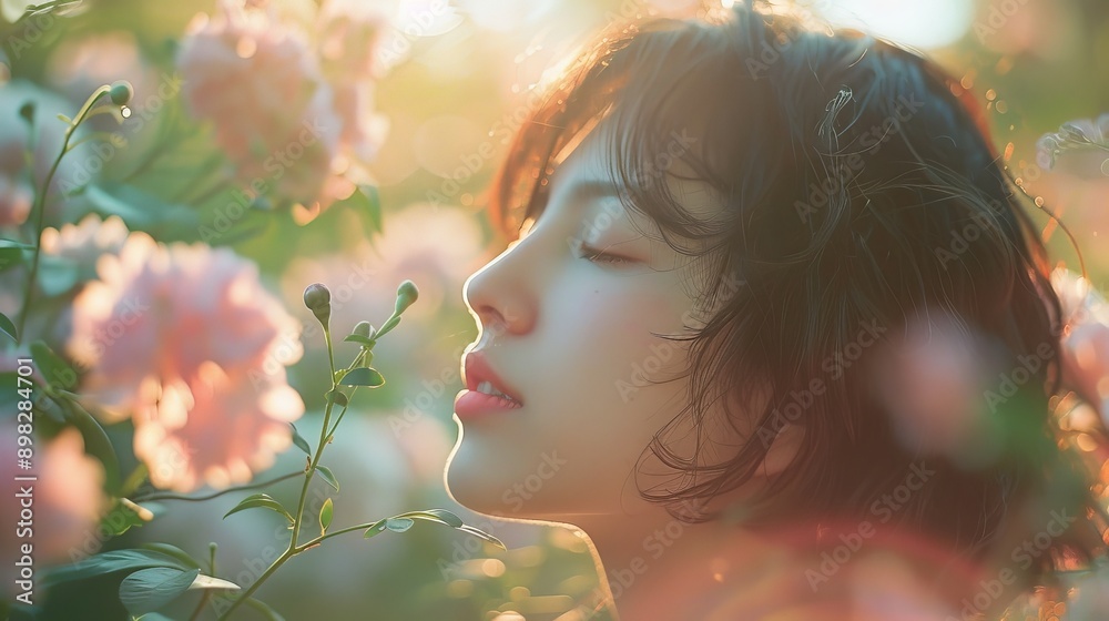 A person inhaling the fresh scent of flowers in a blooming garden, peaceful and serene A person inhaling the fresh scent of flowers in a blooming garden, peaceful and serene