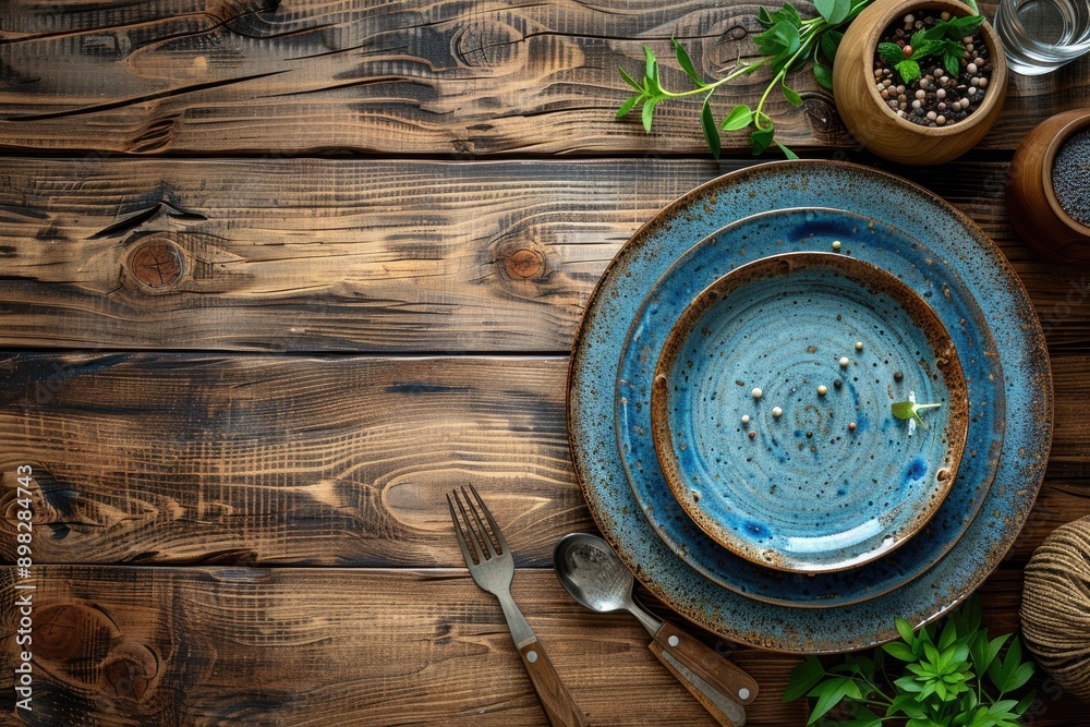 Rustic Table Setting with Blue Plates and Greenery