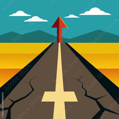 old cracked asphalt road with a clear direction arrow symbolizing resilience and choosing a path despite obstacles vector background highlighting themes of determination and perseverance