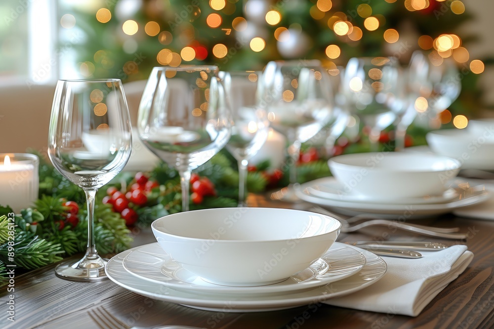 Festive Table Setting with White Dishes, Wine Glasses, and Holiday Lights Festive Table Setting with White Dishes, Wine Glasses, and Holiday Lights