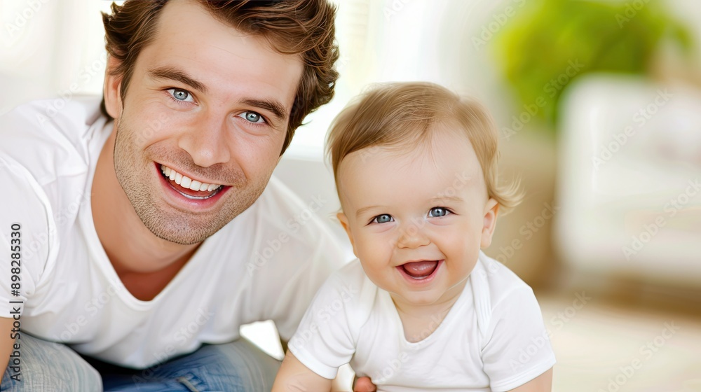 Father and Son Share a Joyful Moment, Smiling Together Indoors Father and Son Share a Joyful Moment, Smiling Together Indoors