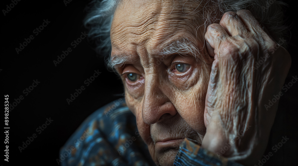Elderly man with deep wrinkles and a thoughtful expression, his hand resting on his head as he contemplates. Elderly man with deep wrinkles and a thoughtful expression, his hand resting on his head as he contemplates.