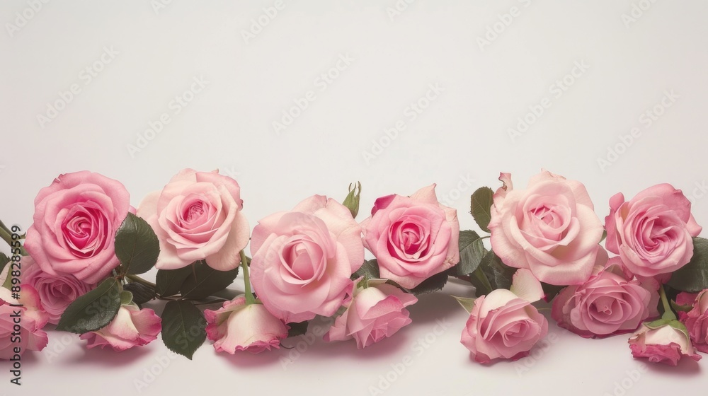 A bouquet of fresh pink roses arranged on a table, suitable for interior design or romantic occasions A bouquet of fresh pink roses arranged on a table, suitable for interior design or romantic occasions