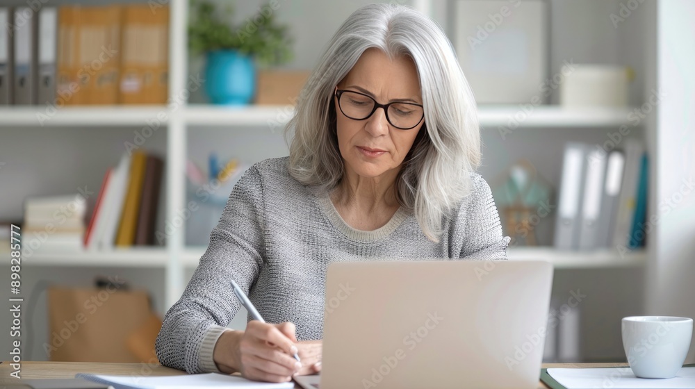 Woman Writing Notes While Using Laptop at Home Office Woman Writing Notes While Using Laptop at Home Office