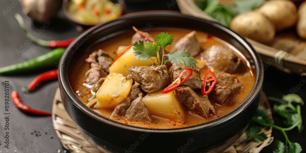 A warm and comforting bowl of beef stew served with tender potatoes, great for a cozy meal or family gathering A warm and comforting bowl of beef stew served with tender potatoes, great for a cozy meal or family gathering