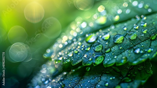  A tight shot of a verdant leaf dotted with water beads, against a backdrop of soft, green light bokeh in the background