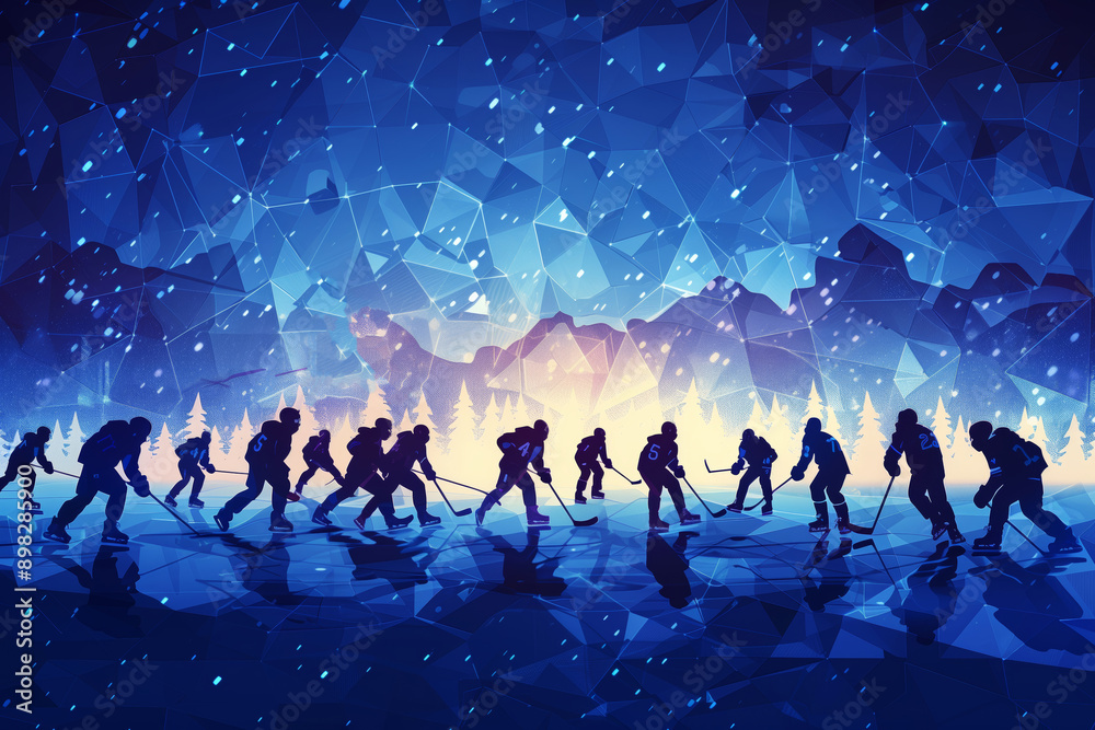 Obraz premium Silhouetted Hockey Players Skating on a Frozen Lake Under a Starry Sky