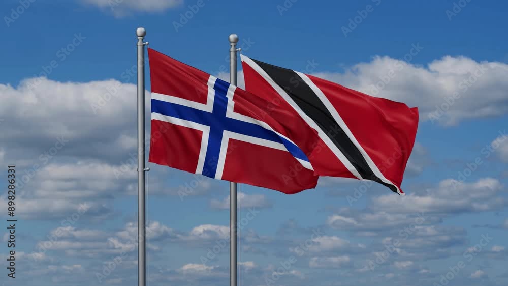 Trinidad and Tobago and Norway flags flying together, video concept of the relationship, two country cooperation concept Trinidad and Tobago and Norway flags flying together, video concept of the relationship, two country cooperation concept