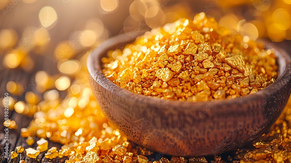 A wooden bowl filled with shiny gold nuggets, suggesting wealth, investment, and mining, suitable for articles and advertisements about precious metals or financial topics, A wooden bowl filled with shiny gold nuggets, suggesting wealth, investment, and mining, suitable for articles and advertisements about precious metals or financial topics,