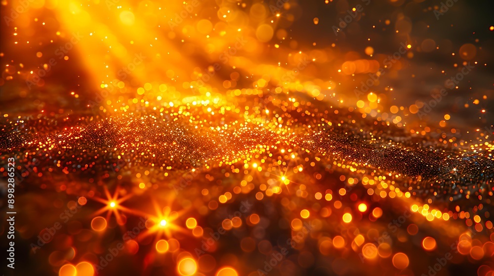 Naklejka premium A luxurious, abstract background featuring a glittering golden bokeh effect with sparkling lights, perfect for festive and celebratory events, promotional materials, and artistic designs,