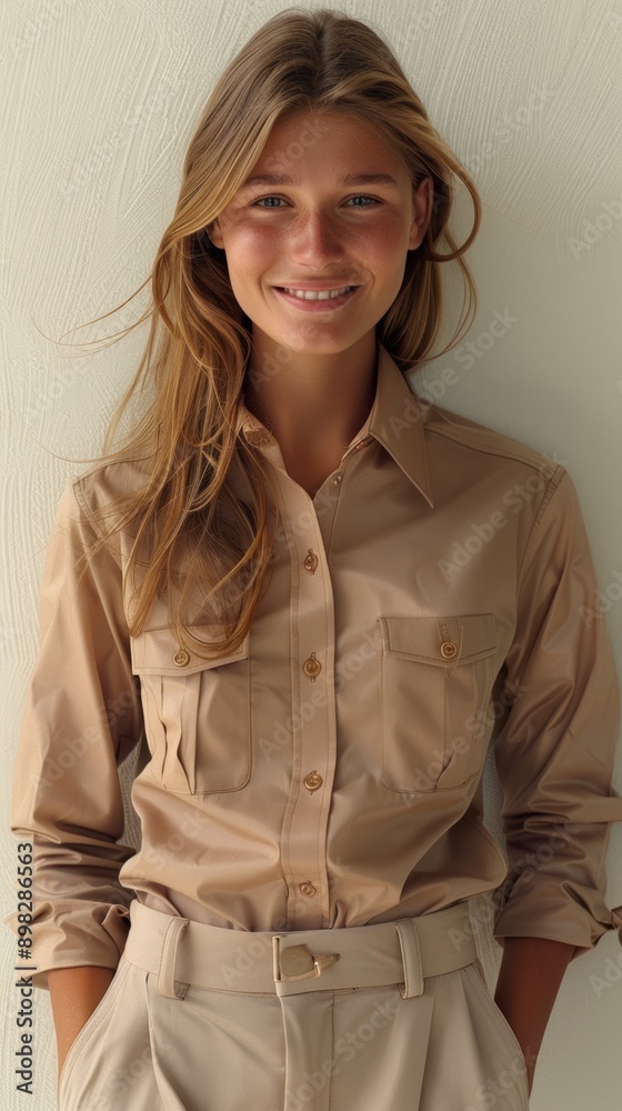 Confident Smiling Woman in Beige Shirt and Pants Posing Against Light Wall Confident Smiling Woman in Beige Shirt and Pants Posing Against Light Wall