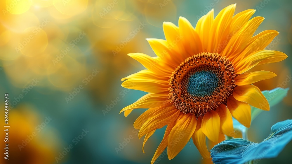 Fototapeta premium yellow petals, blue center; backdrop subtly blurred