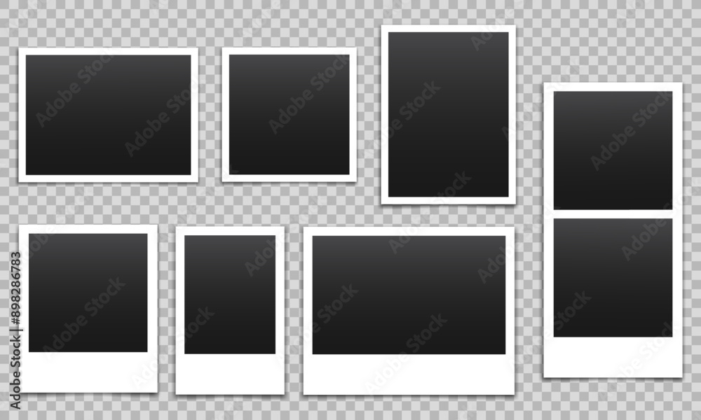 Vector empty photo frames with shadow isolated on transparent background. Template mockup photo design. Vector empty photo frames with shadow isolated on transparent background. Template mockup photo design.