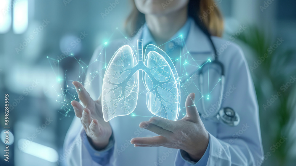 Female doctor in a white coat with a stethoscope, presenting a holographic image of lungs in her hand Female doctor in a white coat with a stethoscope, presenting a holographic image of lungs in her hand