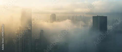 Cityscape with skyscrapers shrouded in fog and clouds, creating an ethereal and mysterious atmosphere.