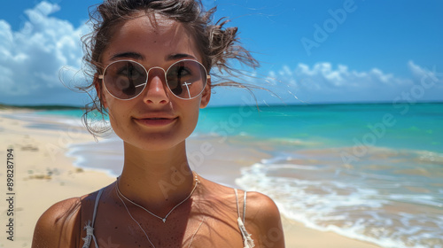 Woman Wearing Sunglasses Standing on Beach