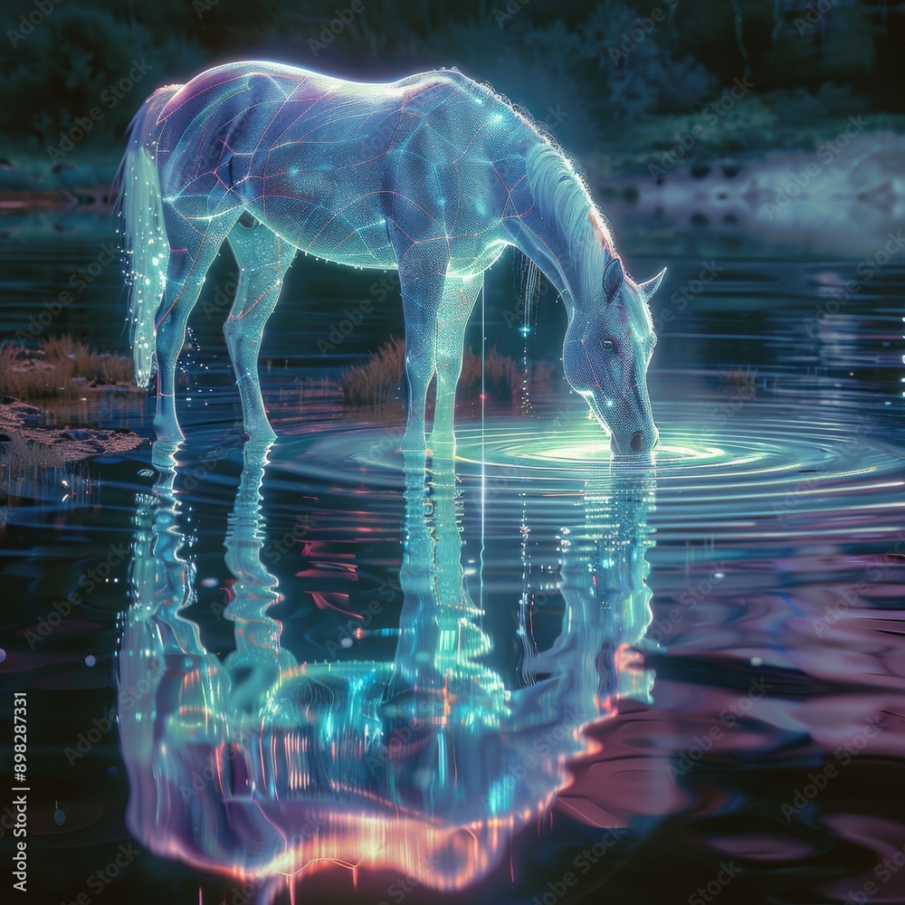 Equine Serenity in a Futuristic World - Horse Drinking from Holographic Water Source with Digital Reflections