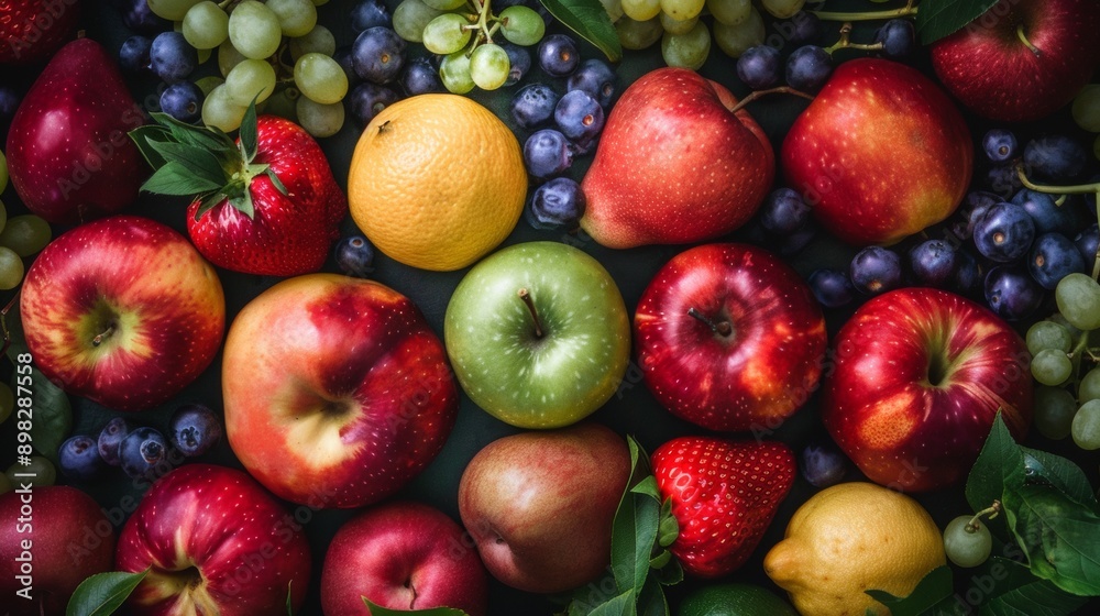 Colorful array of fresh fruits including apples, grapes, and berries Colorful array of fresh fruits including apples, grapes, and berries