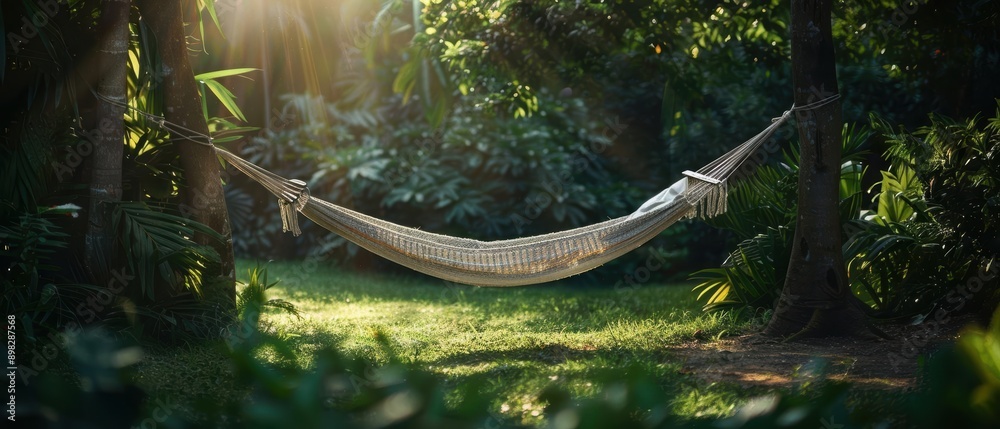 Obraz premium Empty hammock hanging between trees in a lush green forest.