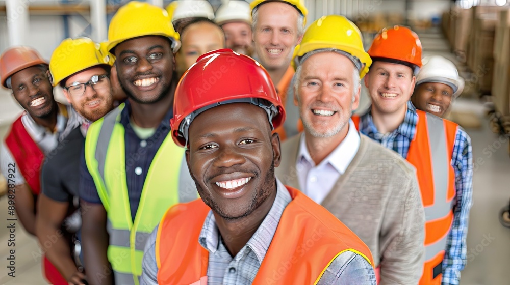 Diverse Group of Construction Workers Smiling in a Warehouse Diverse Group of Construction Workers Smiling in a Warehouse