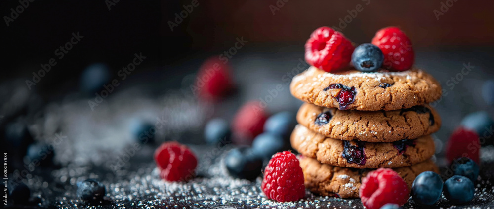Stack of Cookies With Raspberries and Blueberries Stack of Cookies With Raspberries and Blueberries