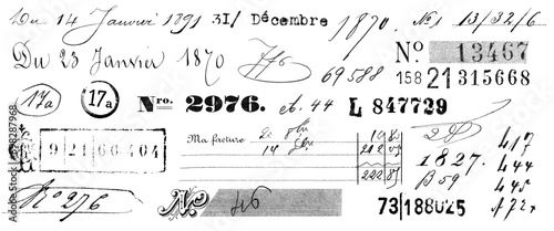 large collection of handwritten, stamped and typed numbers and dates isolated over a transparent background, vintage and antique French design elements for journaling, scrapbooking and digital collage