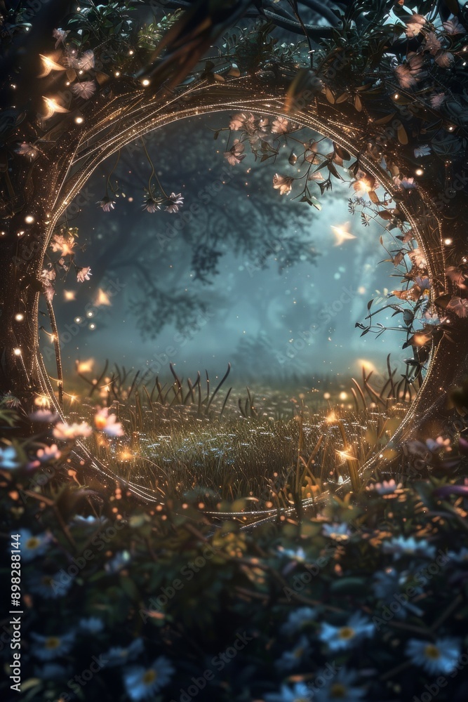 Ethereal Fairy Circle. A frame made of glowing, intertwined fairy rings and delicate, magical creatures. The center is a blank, enchanted meadow under a twilight sky. Ethereal Fairy Circle. A frame made of glowing, intertwined fairy rings and delicate, magical creatures. The center is a blank, enchanted meadow under a twilight sky.