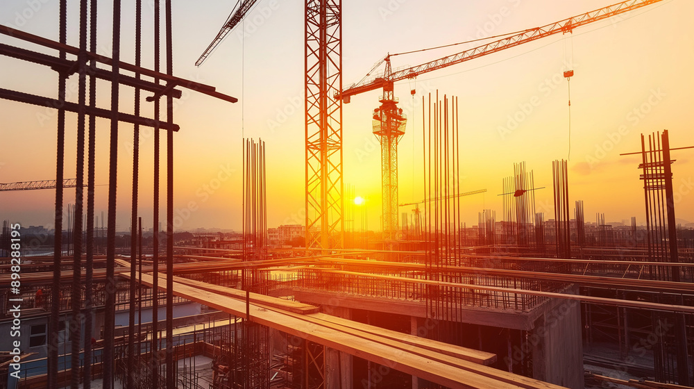 Sunset casting a golden light on a building construction site, with ...