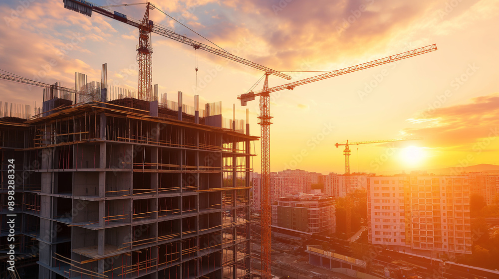 Sunset view of a building construction site with modern design elements, concrete and steel frames glistening in the fading light Sunset view of a building construction site with modern design elements, concrete and steel frames glistening in the fading light