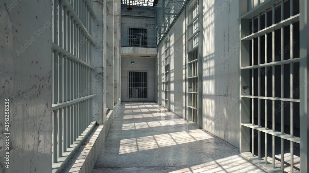 A Vacant Prison Corridor Lined With Iron Bars and Windows A Vacant Prison Corridor Lined With Iron Bars and Windows
