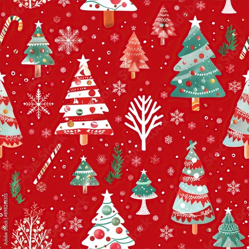 Seamless illustration of Christmas trees and other Christmas decorations - on a red background