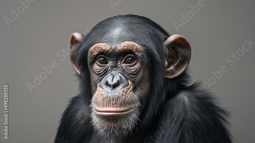Portrait of a chimpanzee primate with expressive eyes and intricate facial features against a smooth gray background, highlighting its intelligence and depth photo