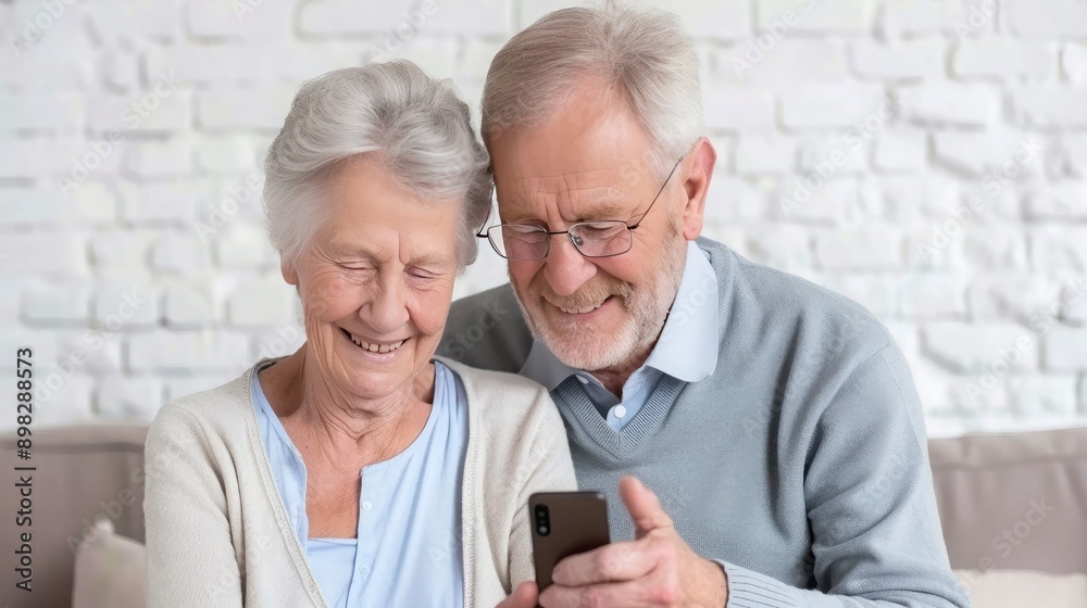 Senior Couple Laughing While Looking at a Smartphone Senior Couple Laughing While Looking at a Smartphone