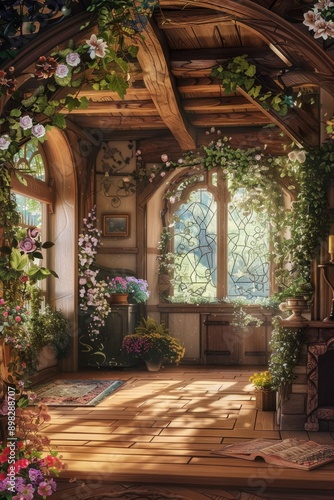 Fairy Tale Cottage. Quaint wooden beams, blooming flowers, and whimsical decorations. A blank, cozy cottage interior, evoking the charm and magic of a fairy tale